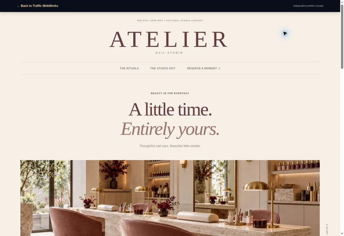 Atelier editorial nail salon website concept