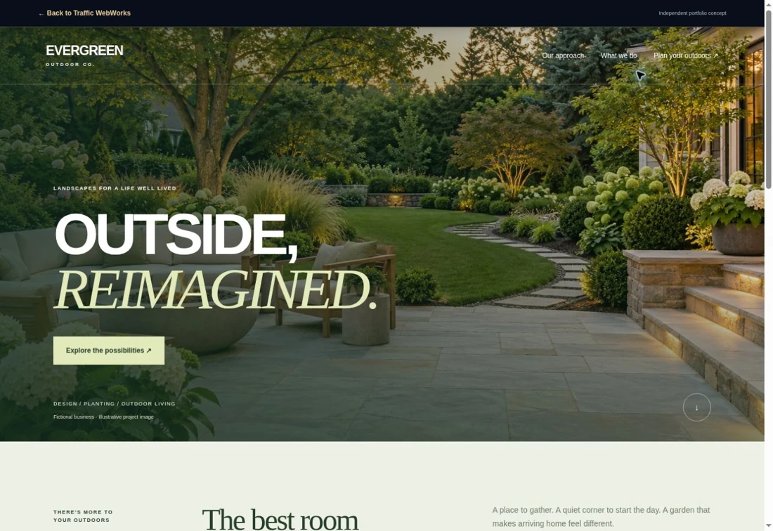Evergreen immersive landscape website concept