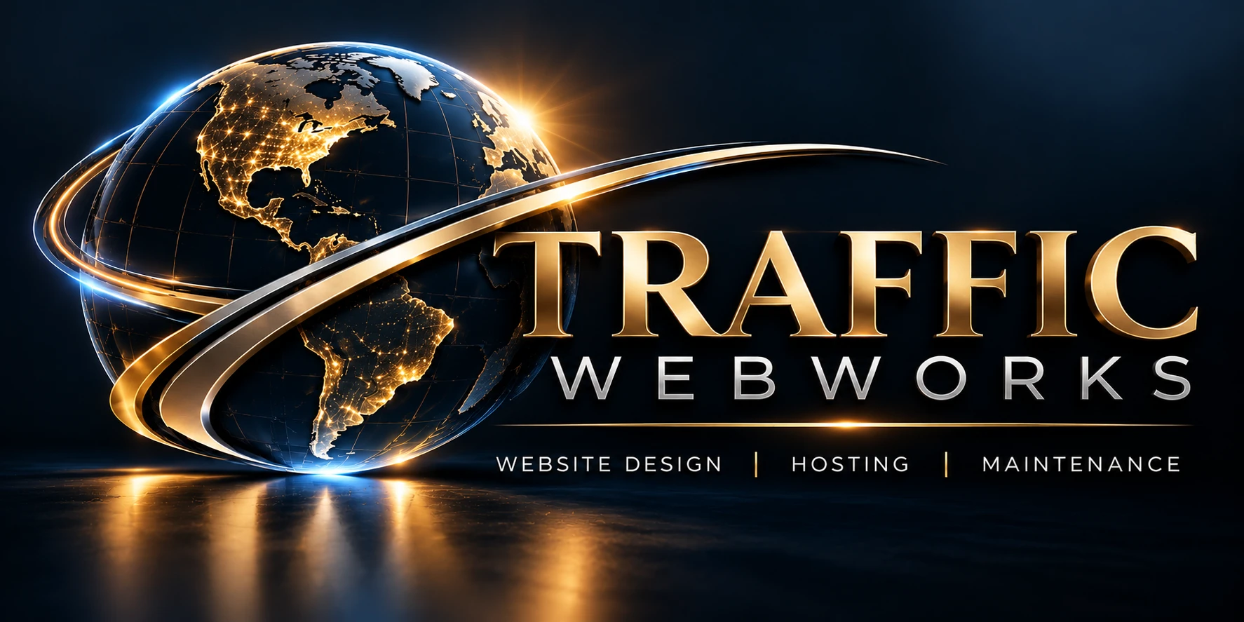 Traffic WebWorks glowing globe with sweeping gold and silver orbits; website design, hosting and maintenance